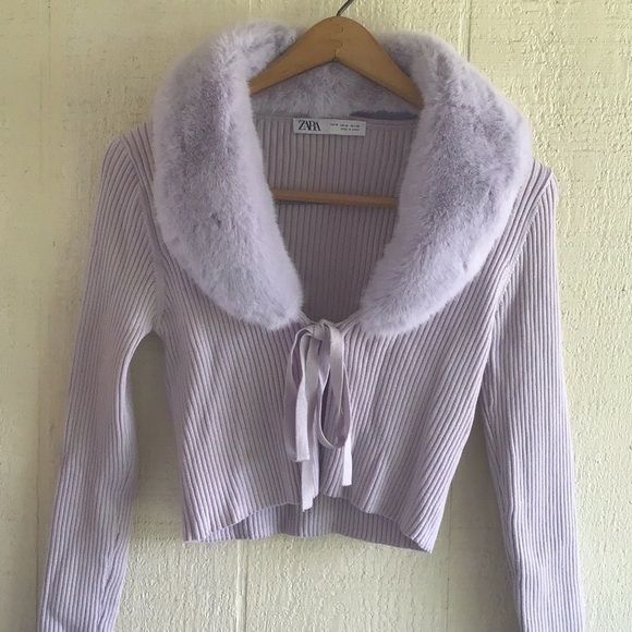 Zara lilac light purple faux fur ribbed cardigan sweater - Picture 3 of 13